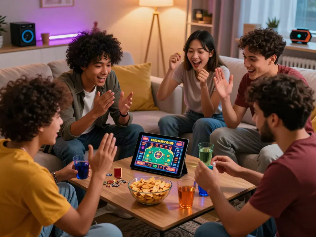 Friends enjoying casinos not on gamstop around a tablet in a cozy living room.
