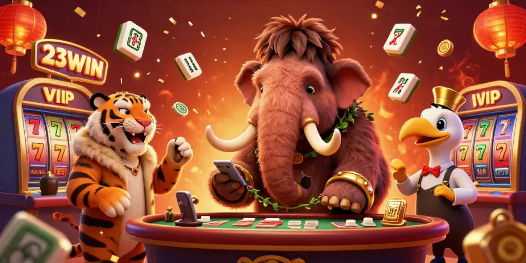 Experience the vibrant excitement of 23WIN with dynamic casino visuals showcasing a mammoth bouncer and slot games.