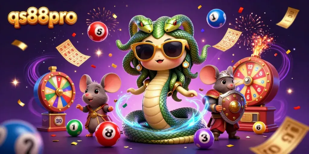 Win big with qs88pro; a vibrant 3D scene featuring Medusa, warrior mouse, and lottery excitement.