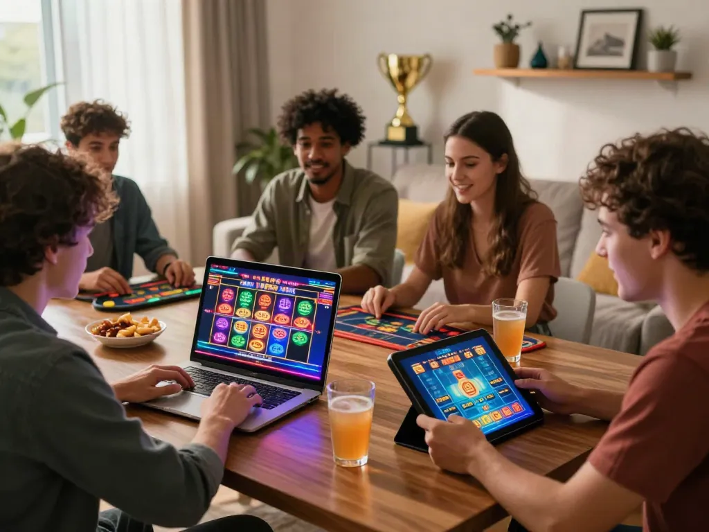Exciting gaming atmosphere showcasing friends enjoying casinos not on gamstop at home with vibrant lighting and snacks.