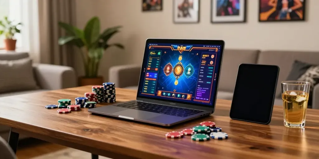 Casinos not on GamStop displayed on a modern laptop with vibrant game graphics in a cozy setting.