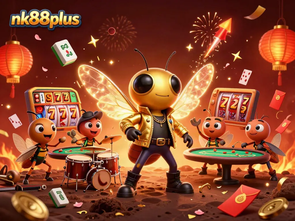 Exciting nk88plus casino scene featuring a rock star cicada, beetle drummer, and floating game elements.