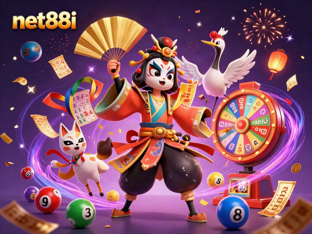 Experience the excitement of net88i with vibrant lottery balls and festive gaming elements in a magical 3D scene.