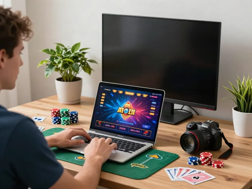 Player enjoying casinos not on gamstop at home with colorful gaming setup