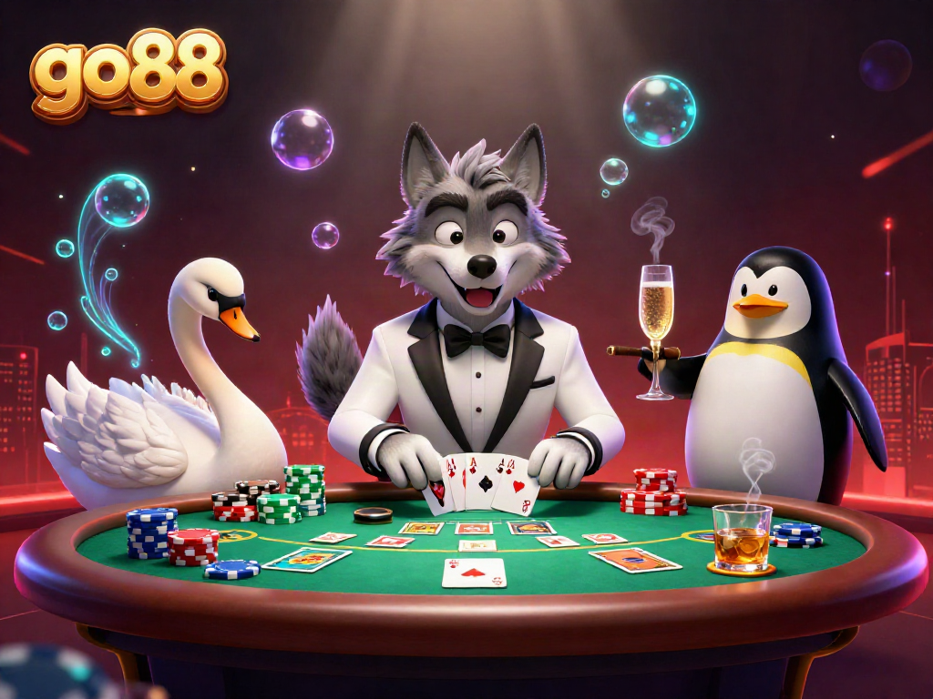 Go88's debonair wolf leads a glamorous baccarat night with friends in this vibrant casino scene.