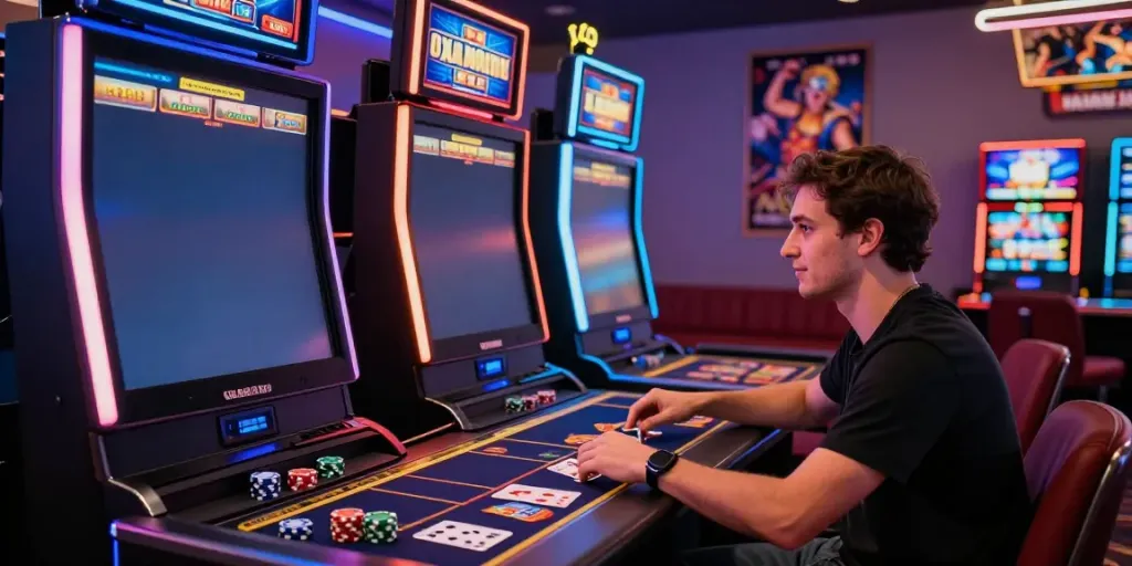 Engaging scene of online player exploring casinos not on gamstop, with vibrant slot games and gaming paraphernalia.