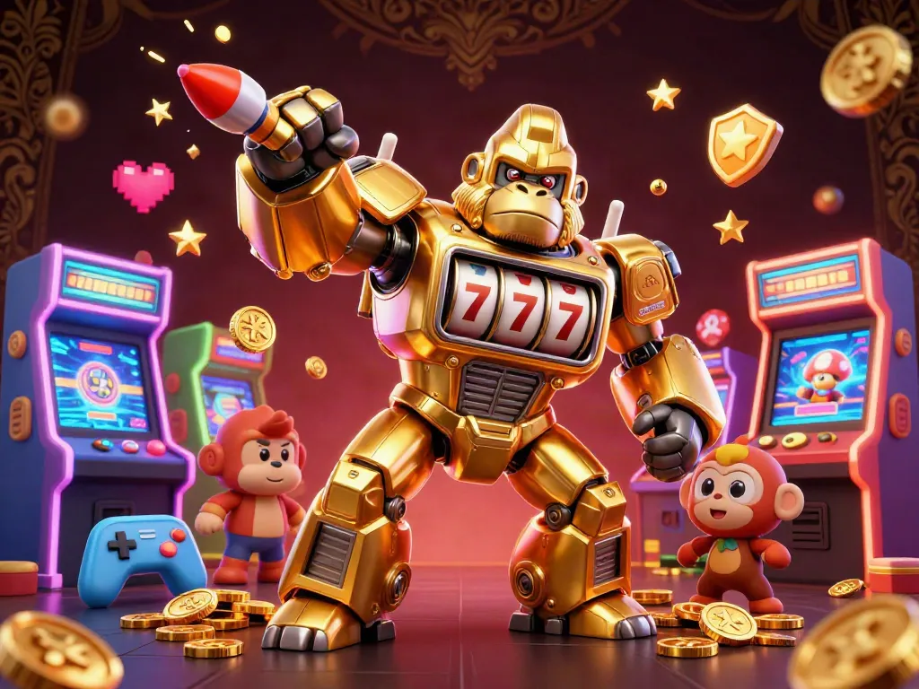 Experience thrilling gaming with sun win's dynamic golden gorilla mech and arcade elements.