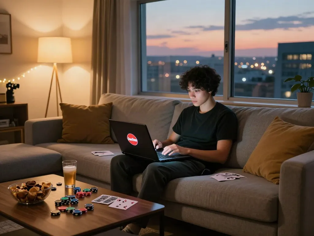 Person enjoying gaming at casinos not on GamStop in a cozy living room