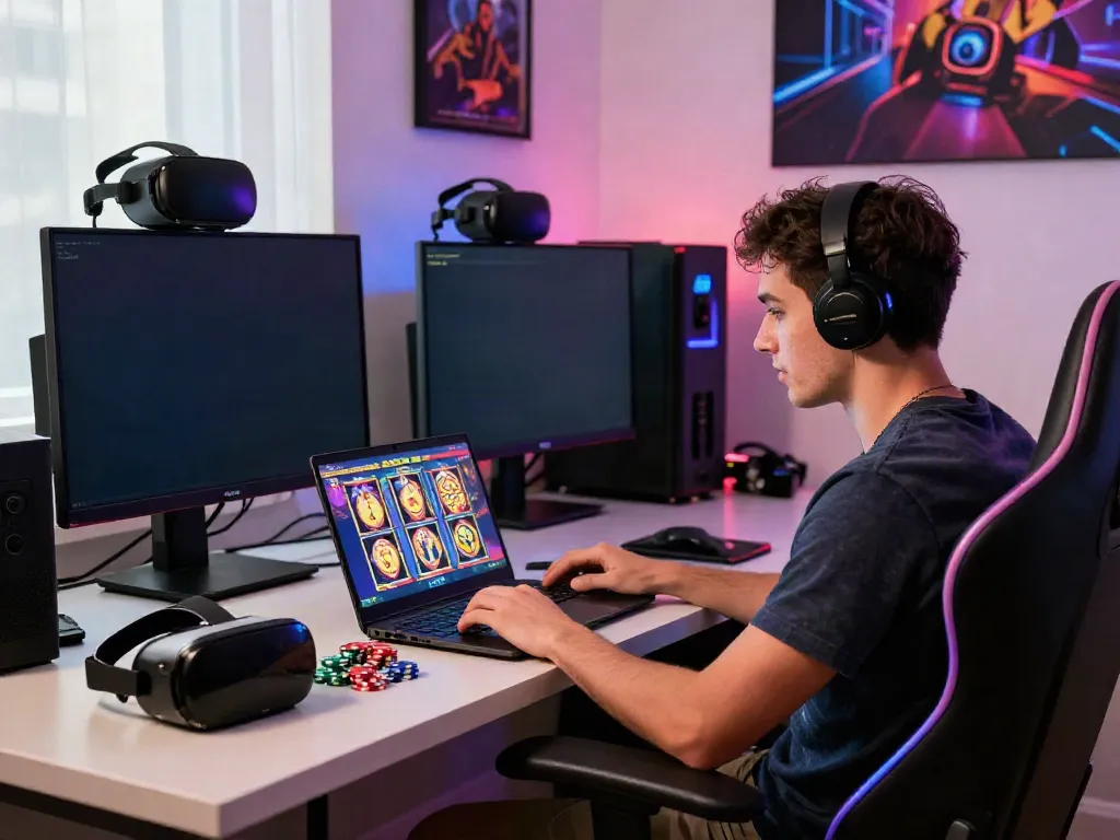 Exploring casinos not on gamstop in a vibrant home gaming setup with personalized accessories.