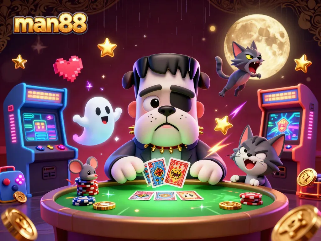 man88 platform’s thrilling gameplay with Frankenstein bulldog and werewolf kitten showcases a vibrant casino scene.