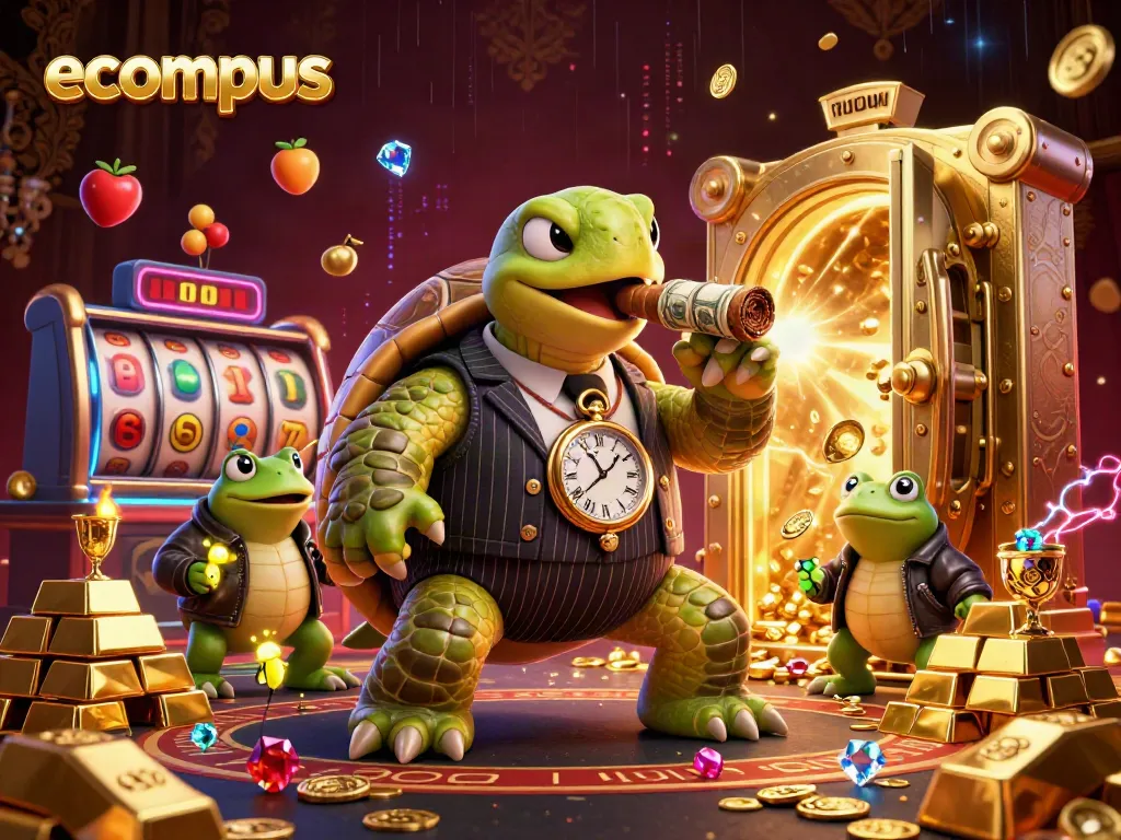 Engage with the ecompus casino scene featuring a stylized turtle and lively gambling elements.
