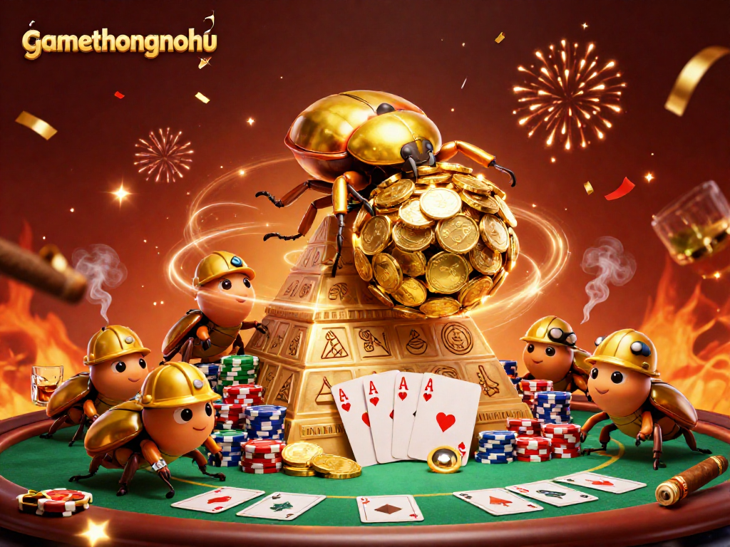 Experience gamethuongnohu with a vibrant casino scene featuring golden dung beetles in action.