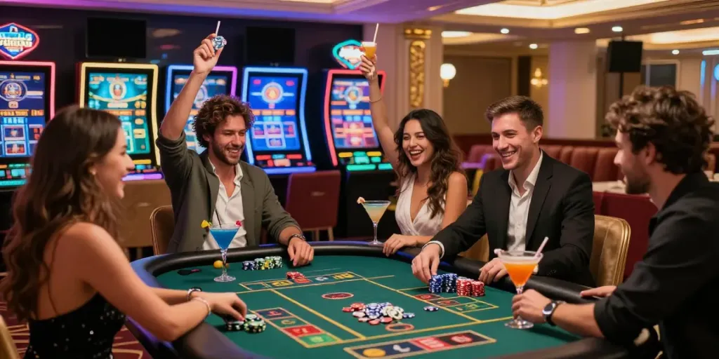 Group enjoying a winning moment at casinos not on GamStop, vibrant gaming scene.