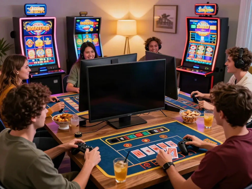 Friends enjoying online gaming at casinos not on GamStop in a cozy living room.