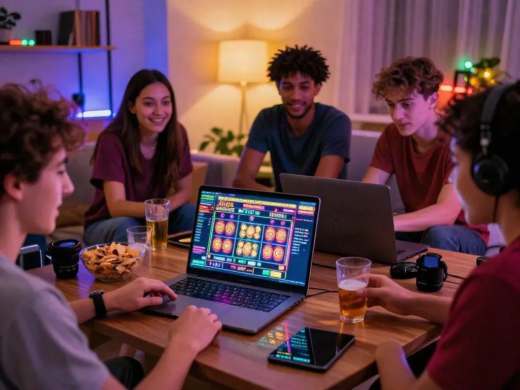 Group enjoying online gaming experience at home with casinos not on GamStop.