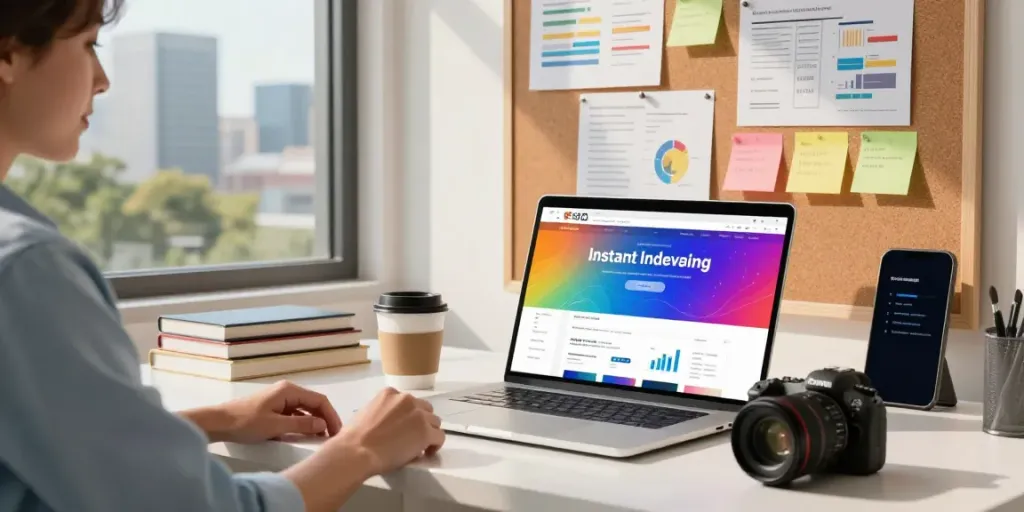 Instant indexing concept in a modern digital workspace with vibrant analytics.