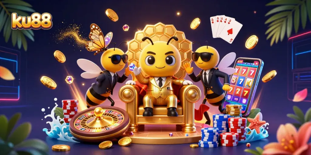 Engage with ku88's vibrant casino scene featuring a dynamic bumblebee mob boss and sparkling gold coins.