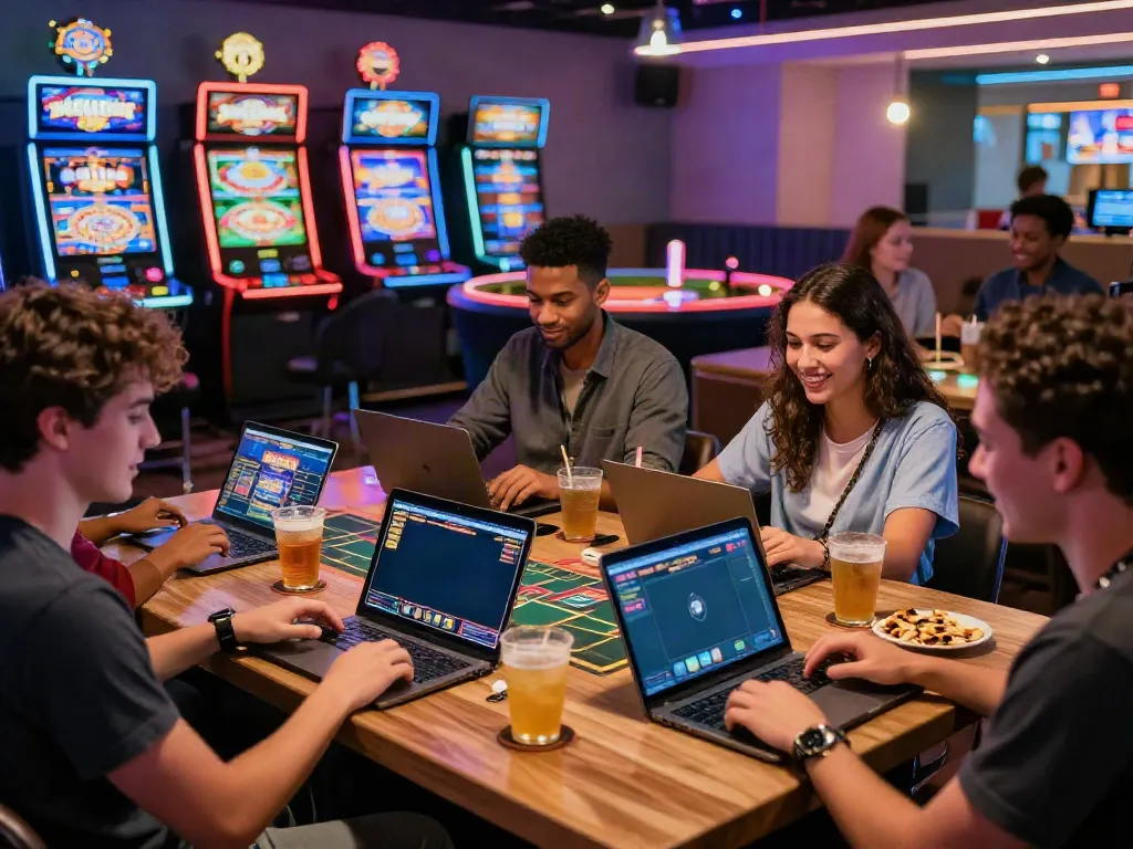 Friends enjoying an exciting gaming experience at casinos not on gamstop, surrounded by vibrant slot machines and roulette tables.