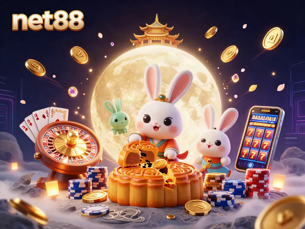Engage with net88: a dynamic moon rabbit scene emphasizing gambling excitement with casino elements.