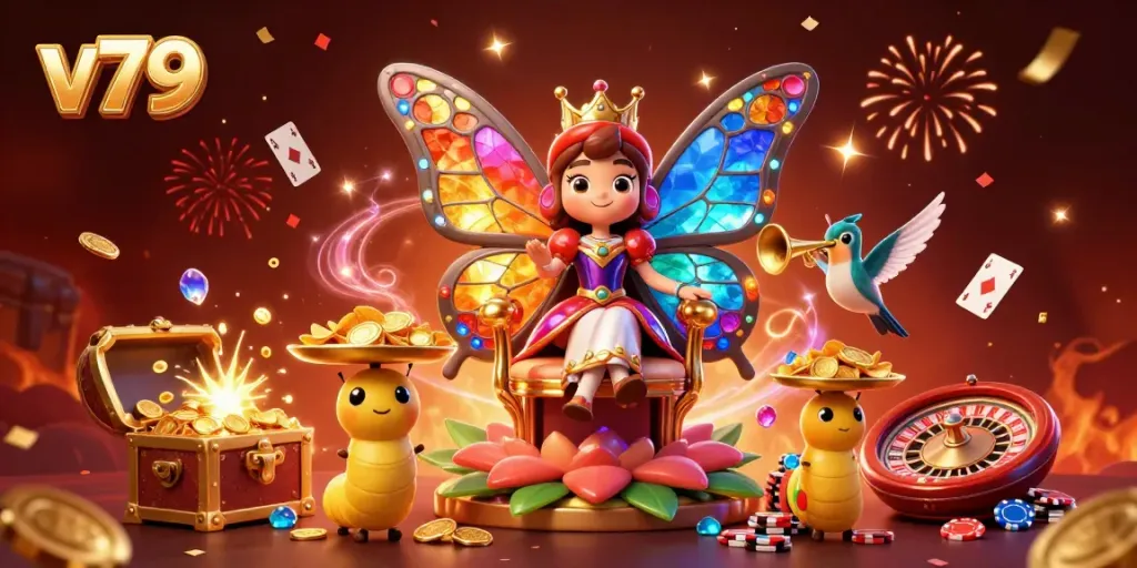 Engage in thrilling gaming at v79, featuring a butterfly queen surrounded by treasures and casino elements.