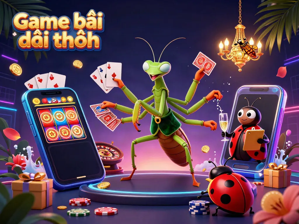 Engaging scene of Game bài đổi thưởng with a giant mantis dealing cards, vibrant casino elements, and a lively atmosphere.