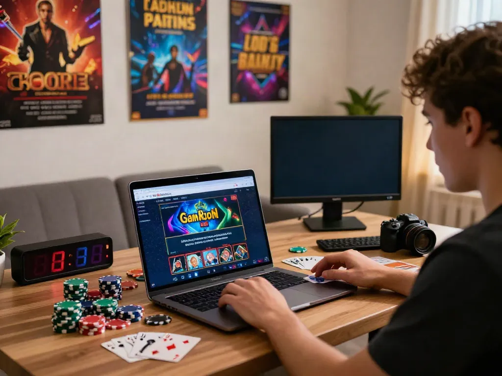 Person gaming at home with casinos not on GamStop displayed on laptop screen, cozy ambiance with colorful decor.