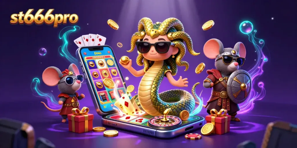Play slots and win big at st666pro with a colorful 3D illustration of exciting casino elements.