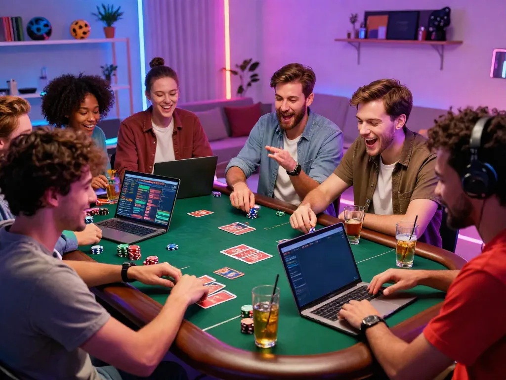 Friends enjoying an engaging gaming night at home with casinos not on gamstop setup.
