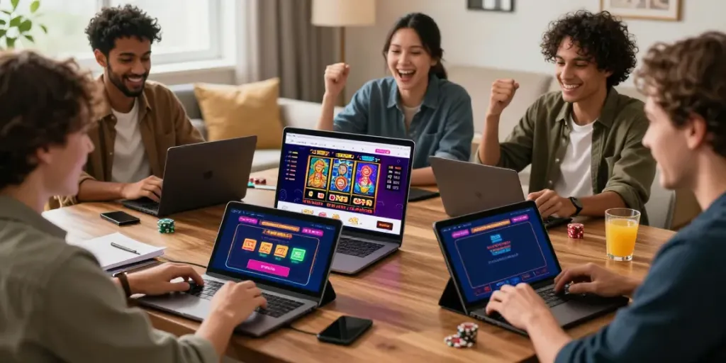 Players enjoying casinos not on gamstop from their living room with laptops, tablets, and smartphones.
