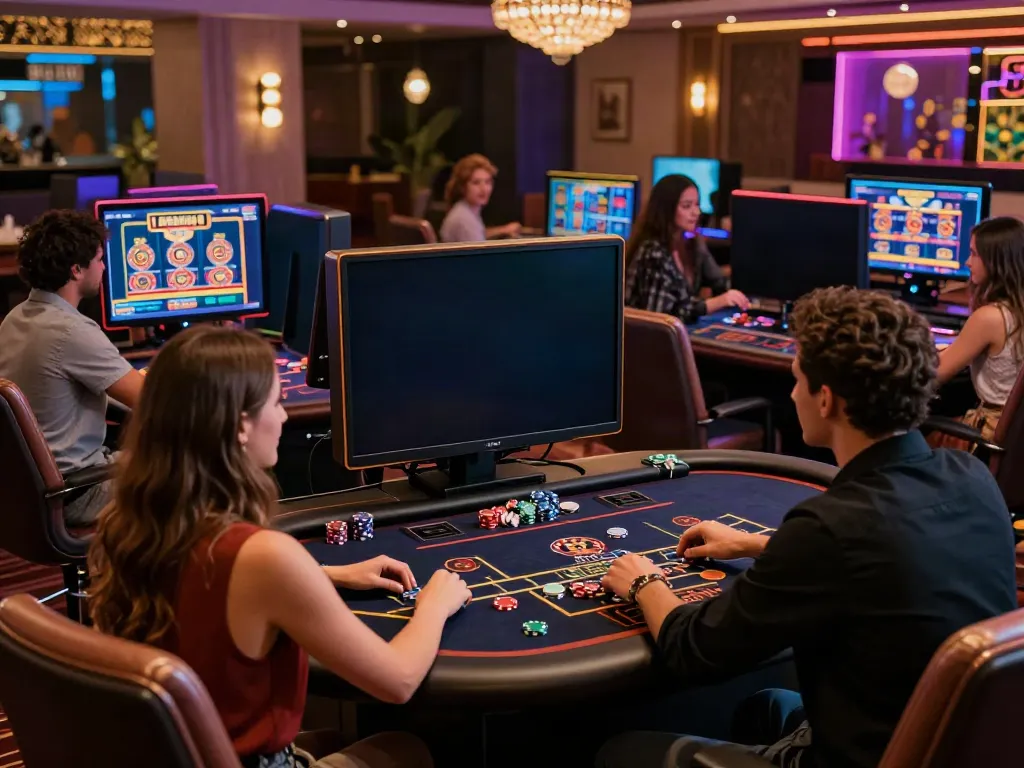 Friends enjoying casinos not on gamstop in a vibrant online gaming atmosphere.
