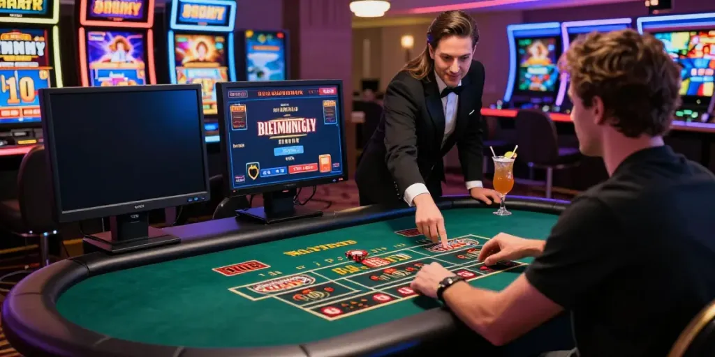 Player enjoying live dealer experience at casinos not on gamstop with vibrant lights and modern setup.