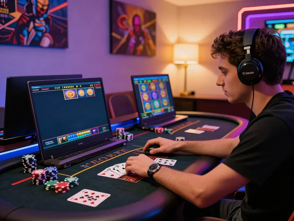 Online player enjoying casinos not on gamstop with vibrant graphics and poker chips.