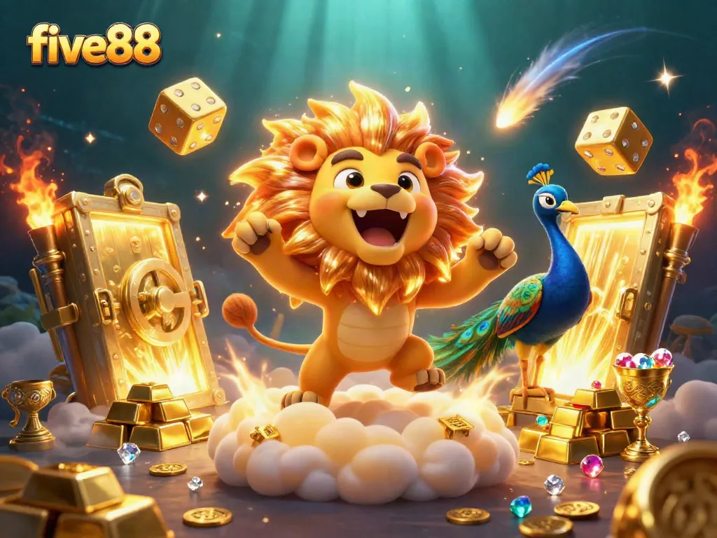 Experience thrilling wins at five88, featuring dynamic golden elements with vibrant treasures and playful characters.