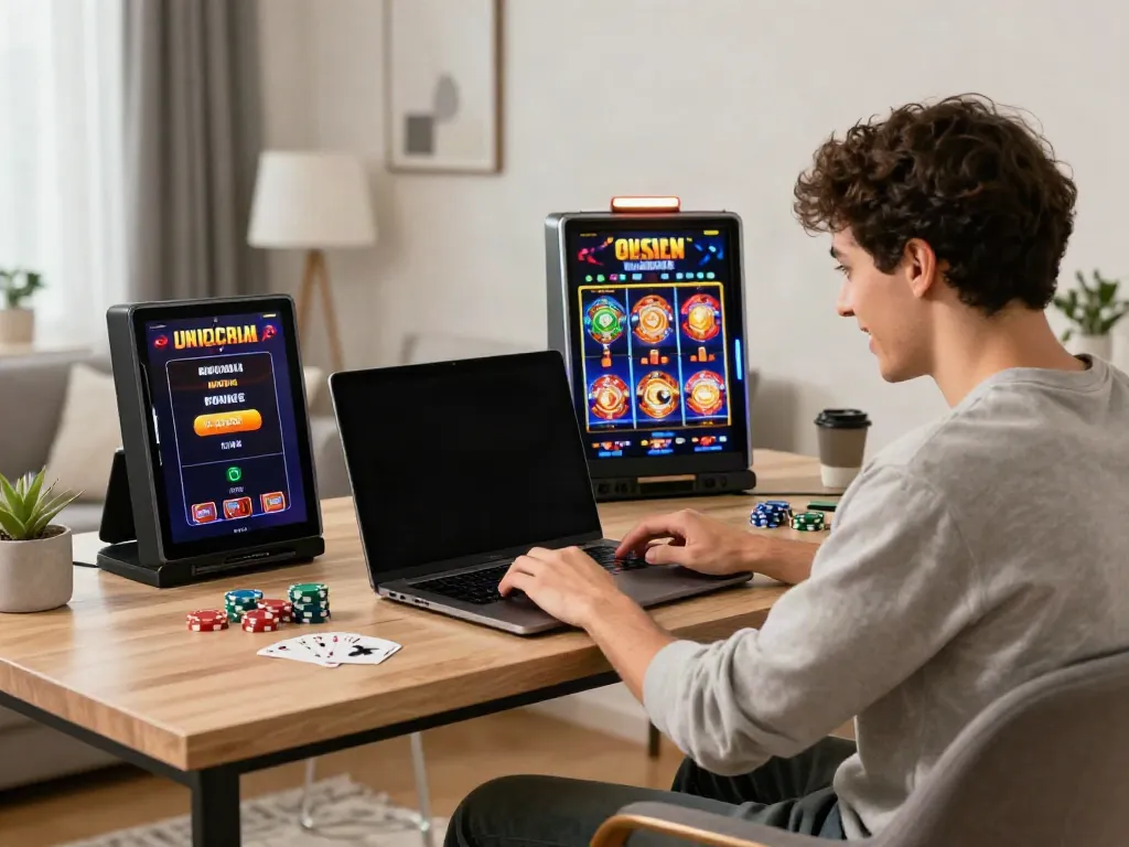 Engaging home gaming scene showcasing casinos not on gamstop with a player using a laptop and smartphone.
