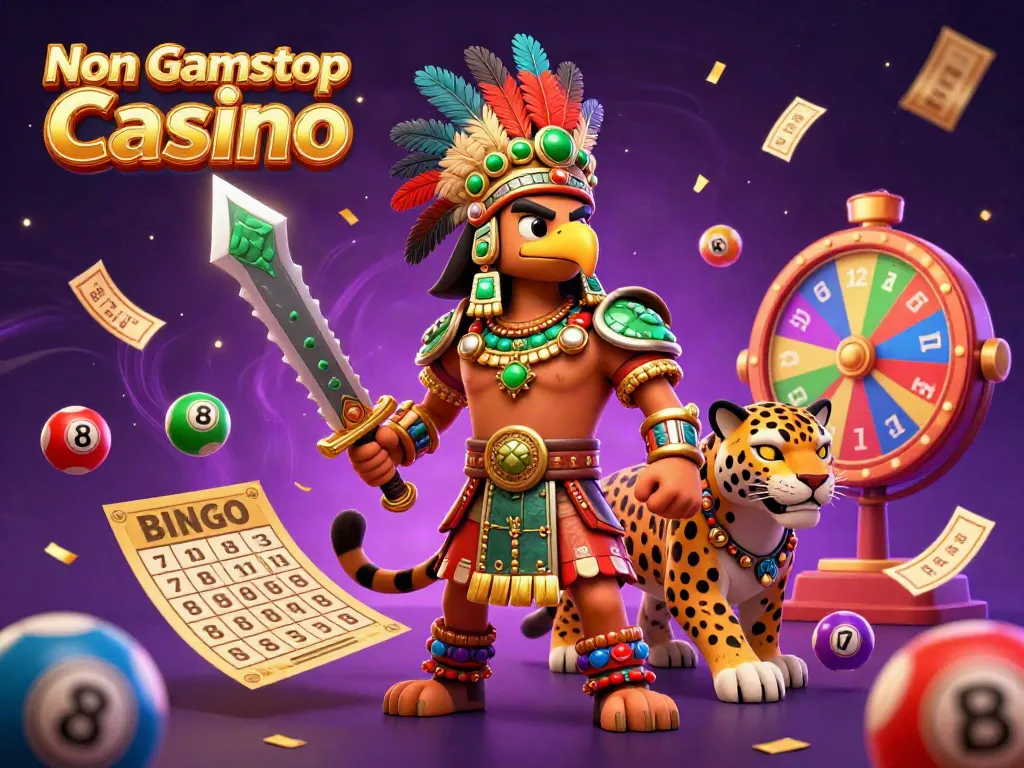 Experience the excitement of Non Gamstop Casino with a vibrant illustration featuring Aztec warriors amidst a dynamic gaming scene.