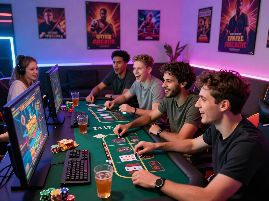 Friends enjoying online gambling at casinos not on gamstop, with vibrant gaming decor.