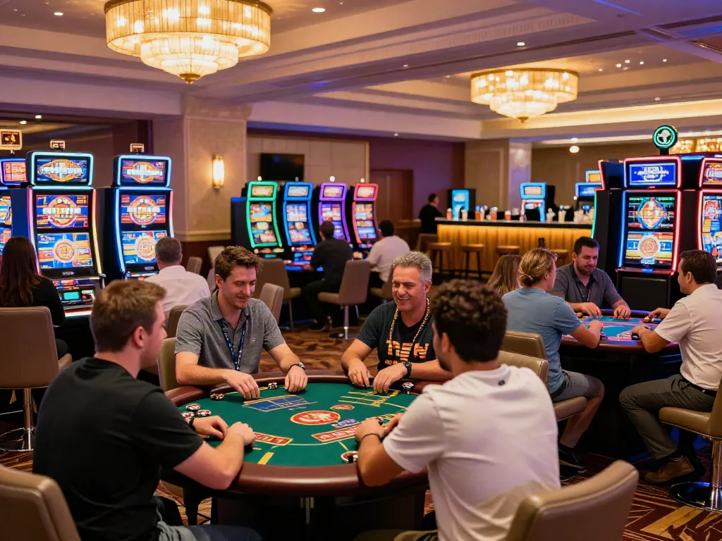 Engaging scene of casinos not on GamStop with players enjoying various games in a vibrant casino atmosphere.