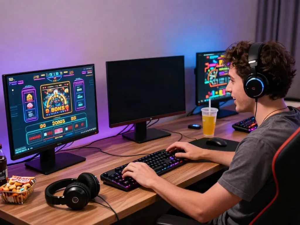 Player enjoying casinos not on gamstop at home with multiple screens and vibrant atmosphere.