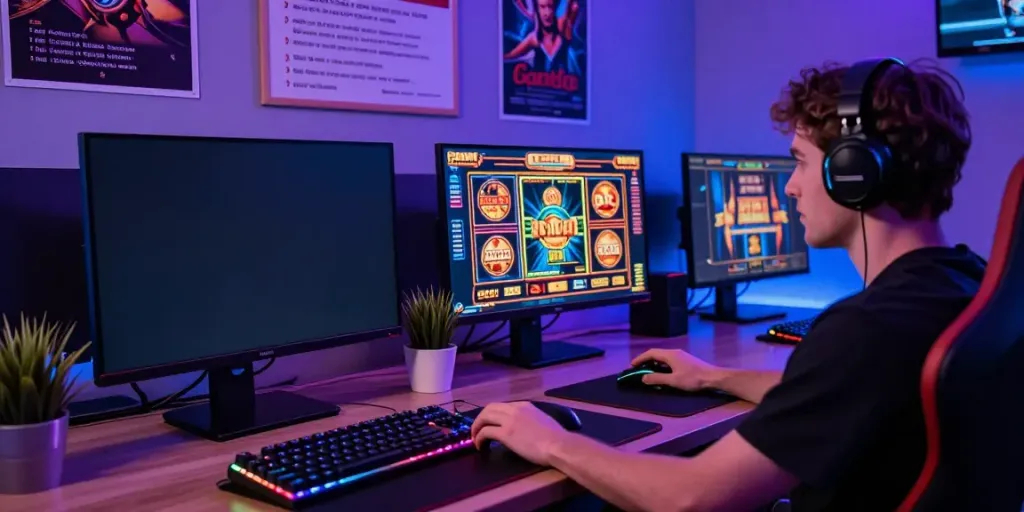 A person immersed in gaming at a stylish desk, exploring casinos not on GamStop with vibrant game screens.