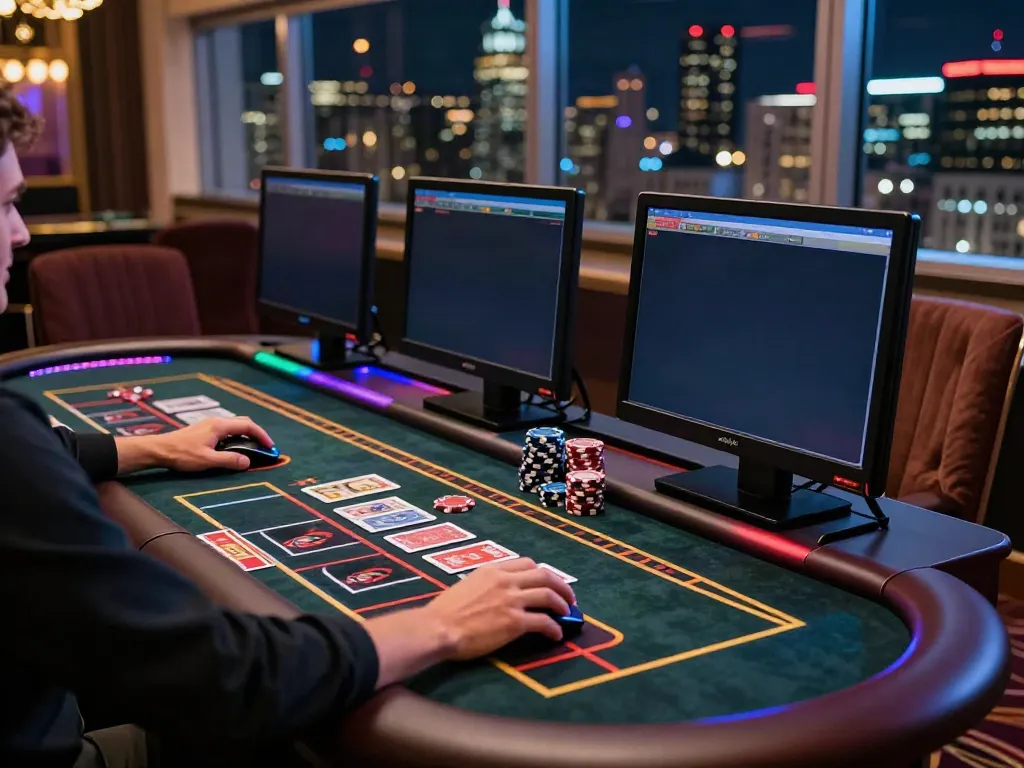 Vibrant atmosphere depicting casinos not on gamstop with live gaming station and city skyline.