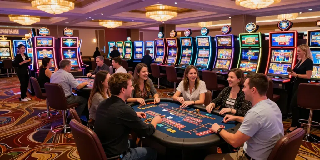 Exciting scene in casinos not on GamStop with players enjoying various games.
