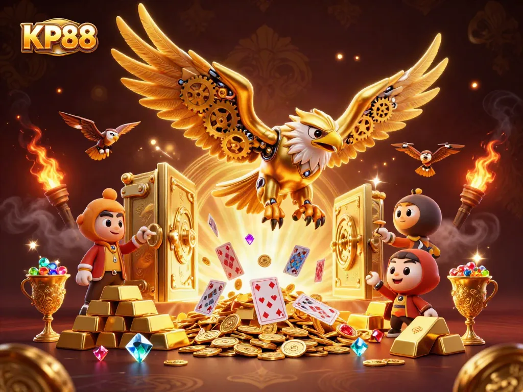 Engage with the thrilling KP88 casino experience through a vibrant holographic card scene.