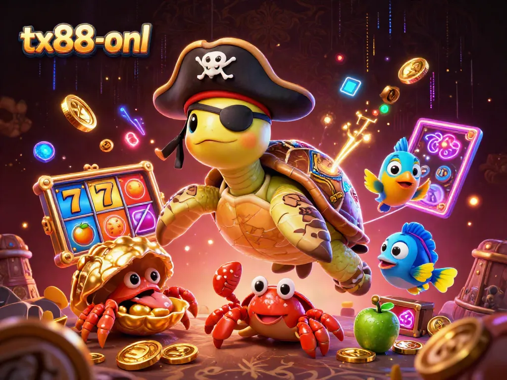 Play exciting casino games with tx88-onl in this vibrant 3D scene filled with colorful slots and treasures.