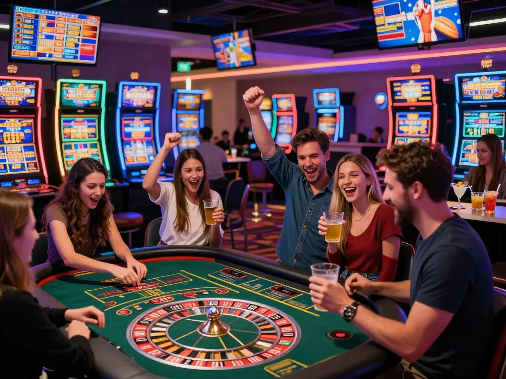 Casino players enjoying games and celebrating at vibrant casino, showcasing the thrill of casinos not on gamstop.