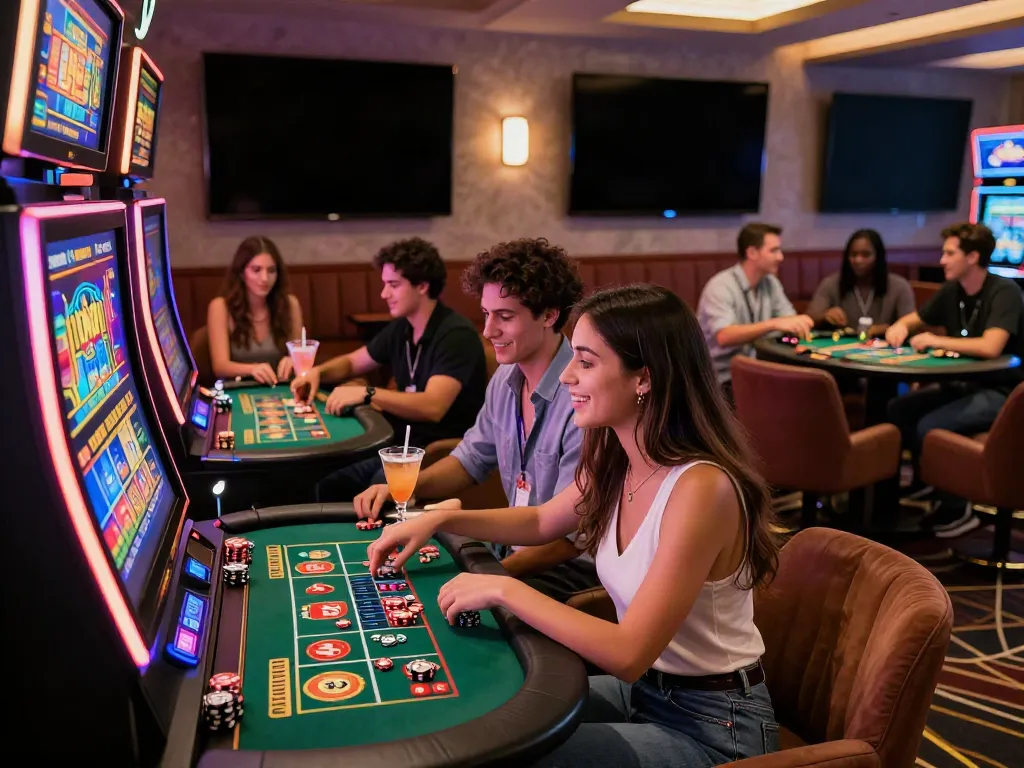 Exciting scene of players at casinos not on GamStop, highlighting a vibrant gaming atmosphere and joyful interactions.