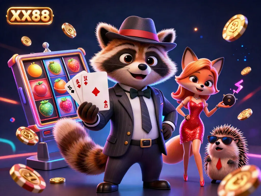 Experience excitement at the XX88 casino with a suave raccoon, stylish fox, and hedgehog bouncer in a vibrant slot game scene.
