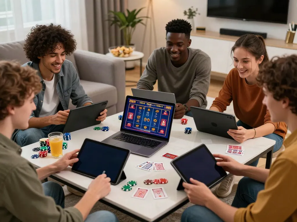 Friends enjoying thrilling casinos not on gamstop while playing online games together in a cozy setting.