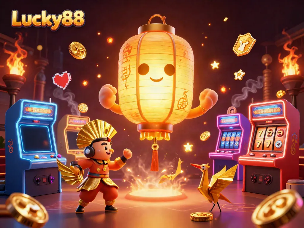 Engage with Lucky88's vibrant casino experience, highlighted by golden lantern spirits and exciting slot symbols.