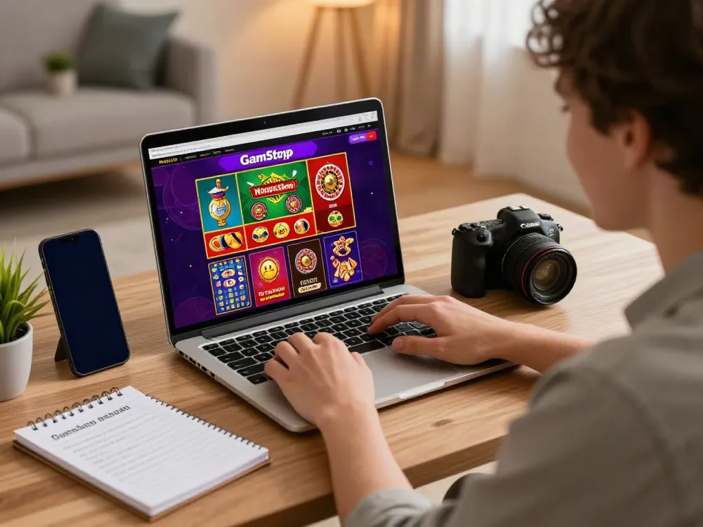 Engaging user exploring casinos not on GamStop in a cozy home environment.