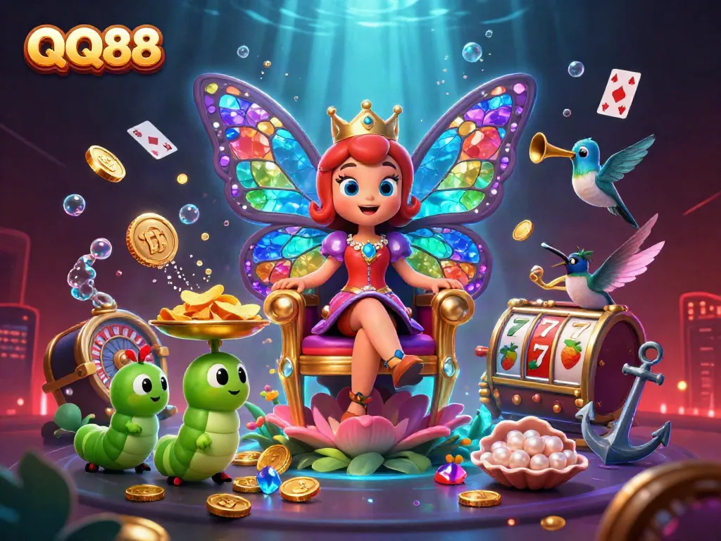Experience the excitement of QQ88's unique casino adventures with vibrant 3D illustrations.